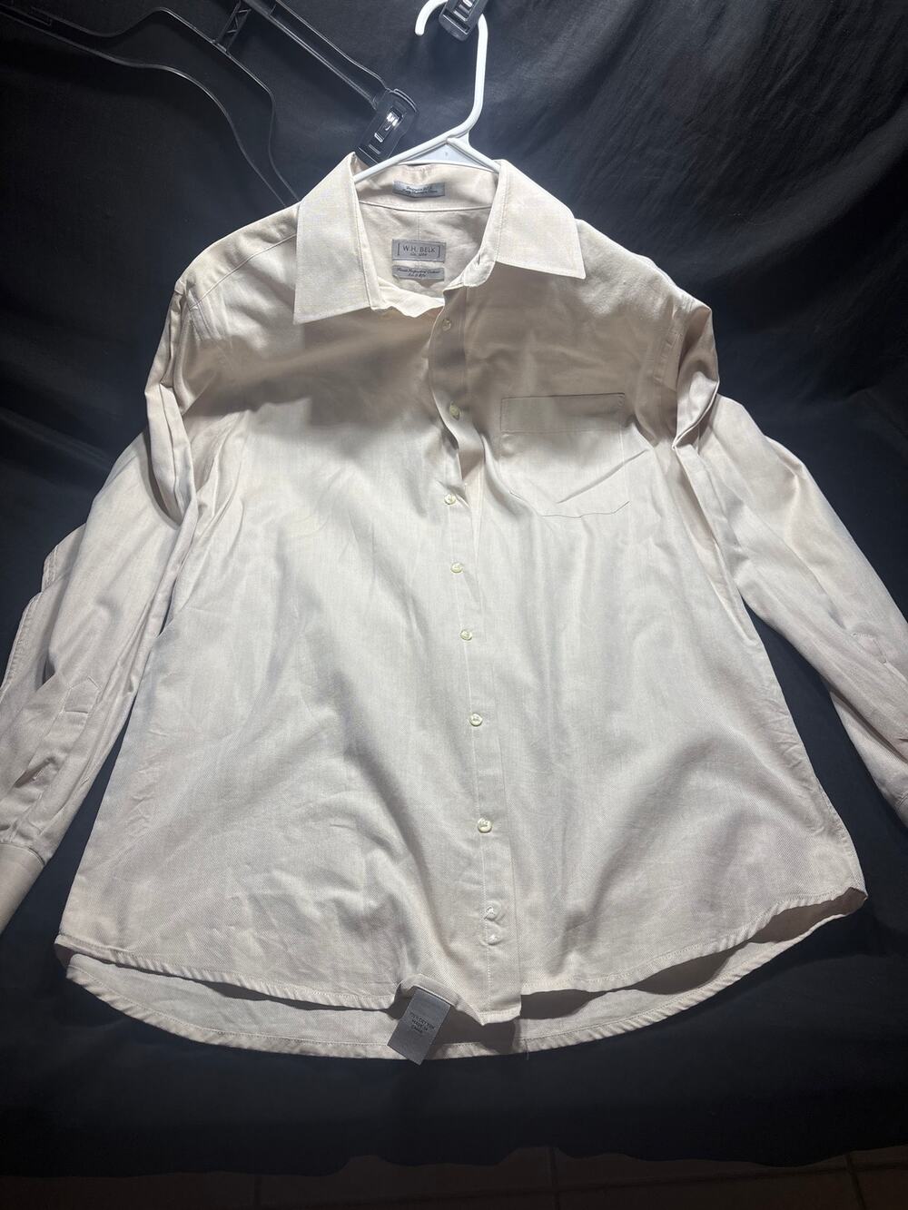 W.H. Belk Womens 15.5 34/35 Cream Beige Textured Cotton Dress Shirt Long Sleeve